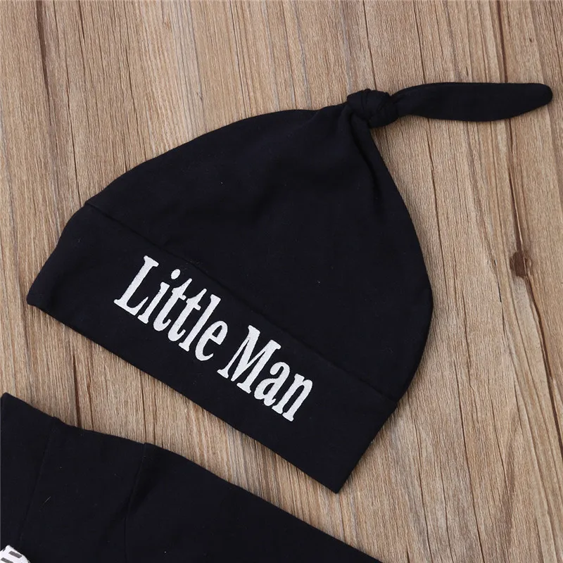 3pcs Baby Boys Clothes Set Blue Button Coat Outfit Bow Tie Rompers Little Man Letter Hats Newborn Infant Suit |
