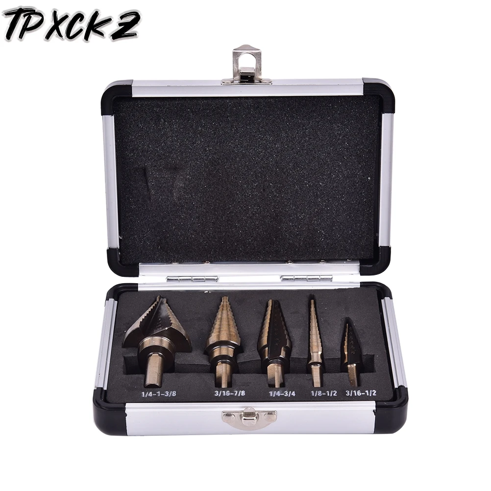

5 Pcs New HSS Titanium Coated Step Large Titanium Cone Drill Bit Hole Cutter Bit Set Tool Wood Hole Cutter Cone Drill With Box