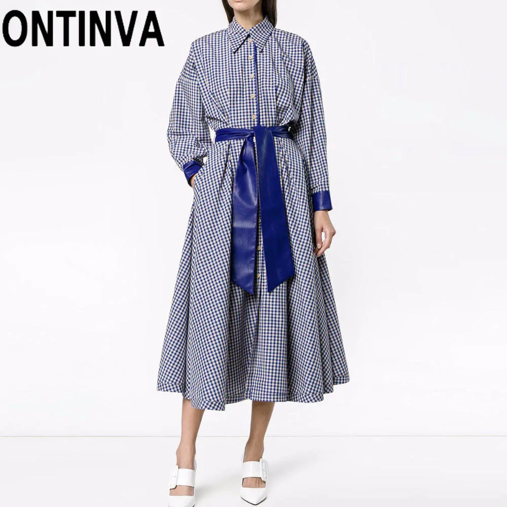 Распродажа синее клетчатое платье рубашка с длинным рукавом офисное женское
