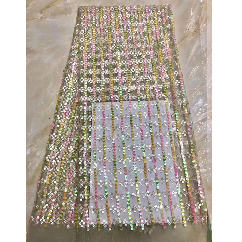 

Latest African Lace Fabric 2020 Embroidered Colorful Stripe With Sequins Design For Party Dress Green Pink Lace