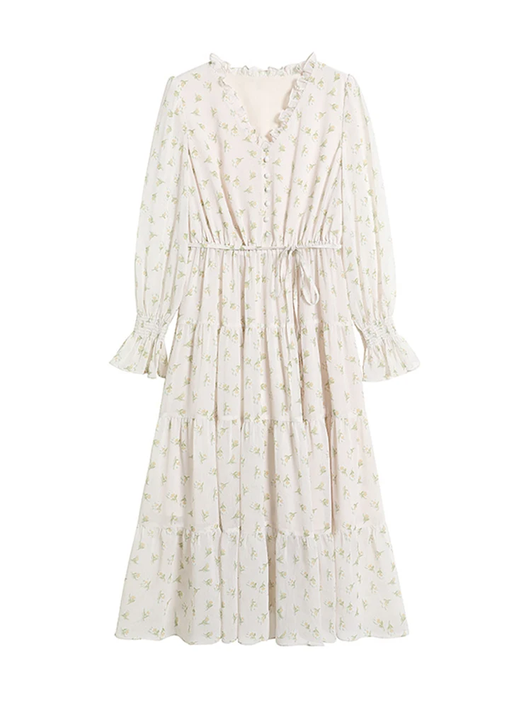 

Long Puff Sleeve Flower Printed women Dress With Belt Elegant High Waist Spring Vestidos 2021 Female Floral Maxi Dresses