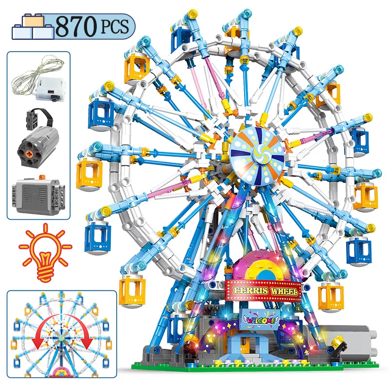 

870pcs City LED Light Rotating Ferris Wheel Building Blocks Amusement Park Friends Electric Bricks Toy for Kids Christmas Gift