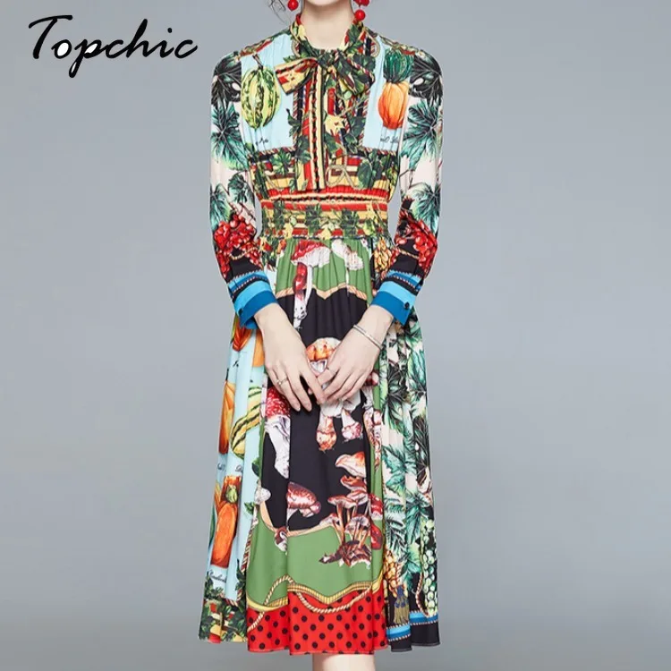 

European Runway Designers Dress 2021 Women Vintage Elegant Bow Long Sleeve Printed Pleated Midi Dress