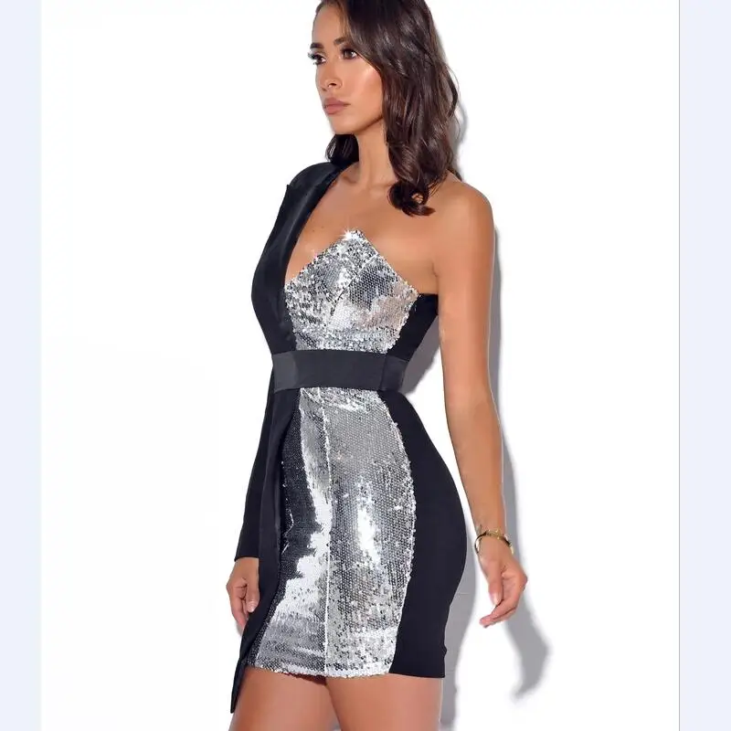 Robe Femme лоскутное зимнее платье с одним плечом 2019 сексуальное хлопковое v-образным
