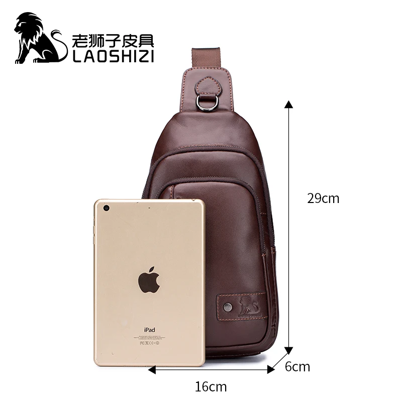 Мужская нагрудная сумка LAOSHIZI из натуральной коровьей кожи для молодых людей