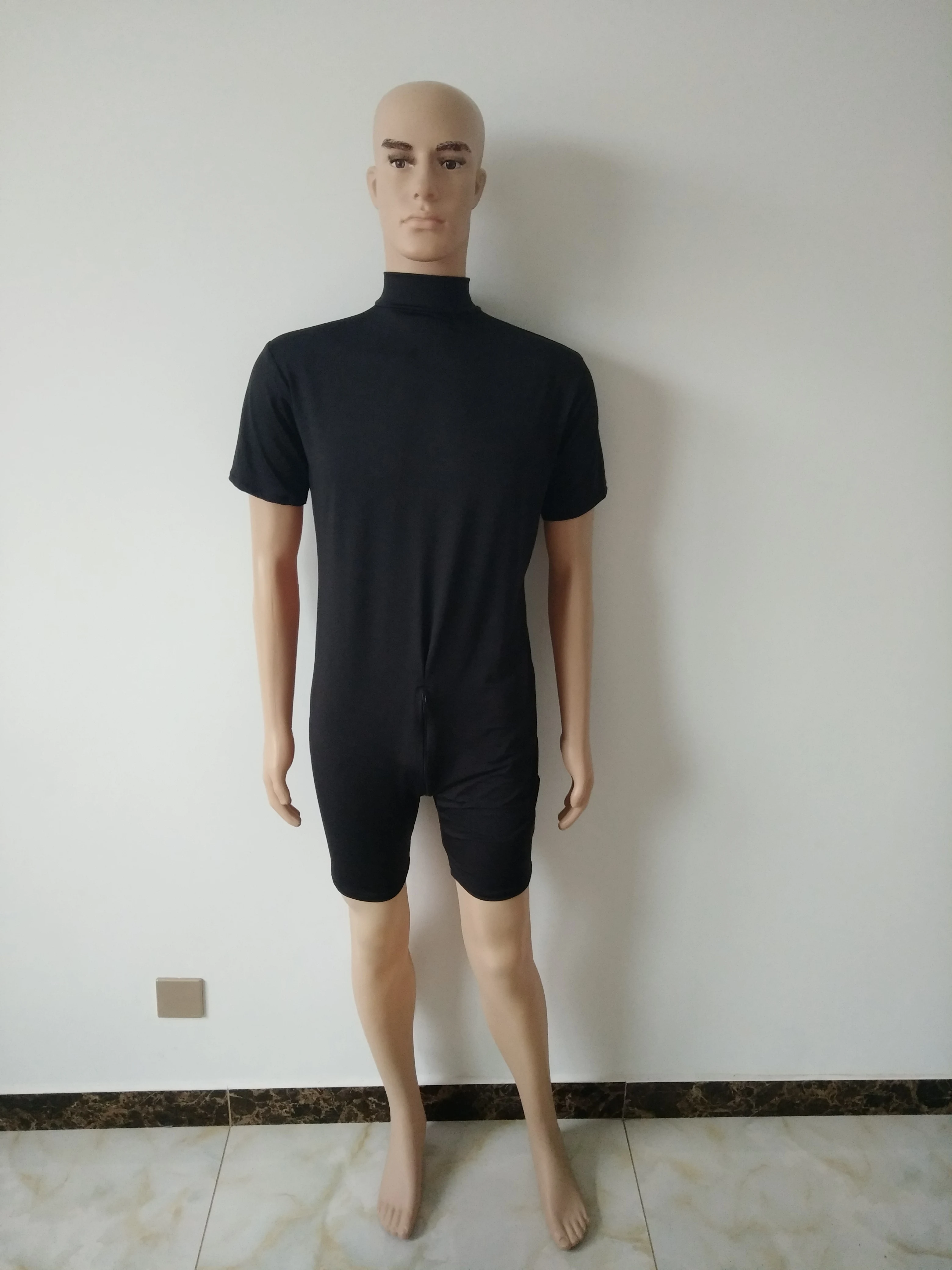 

Men Sportswear short Sleeve Turtleneck Unitard spandex Bodysuit Costumes Body Tights double back crotch zipper for women