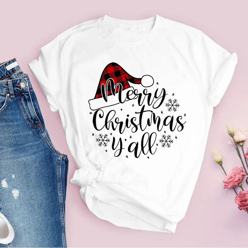 Женские футболки с принтом шапки в клетку и надписью новогодняя Праздничная