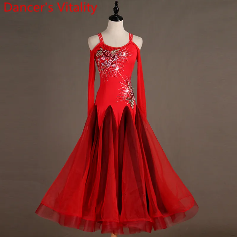 Professionelle Angepasst Frauen Ballsaal Kleid Bestickt Sheer Rot Kleidung Waltz Moderne Dance Tango Cha-Cha Kleid Bekleidung