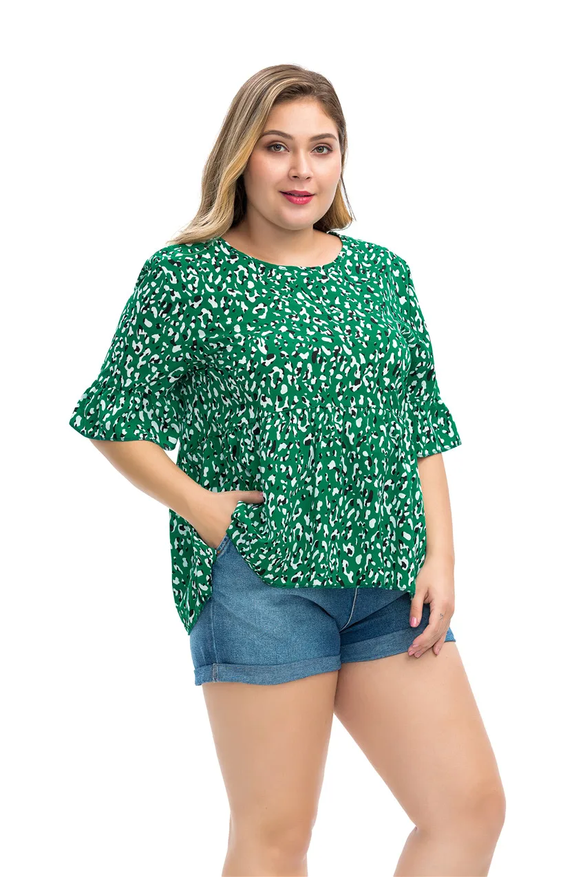 6XL размера плюс, женская летняя блузка с круглым вырезом, оборками, рукавом до локтя, леопардовая расцветка, Повседневная Блузка, рубашка, большой размер, Женская туника, топы