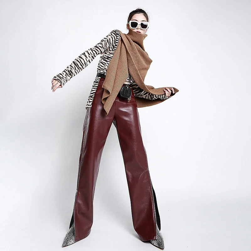 

[EAM] High Elastic Waist Pu Leather Broadside Zipper Trousers New Loose Fit Pants Women Fashion Tide Spring Autumn 2021 1DD2853