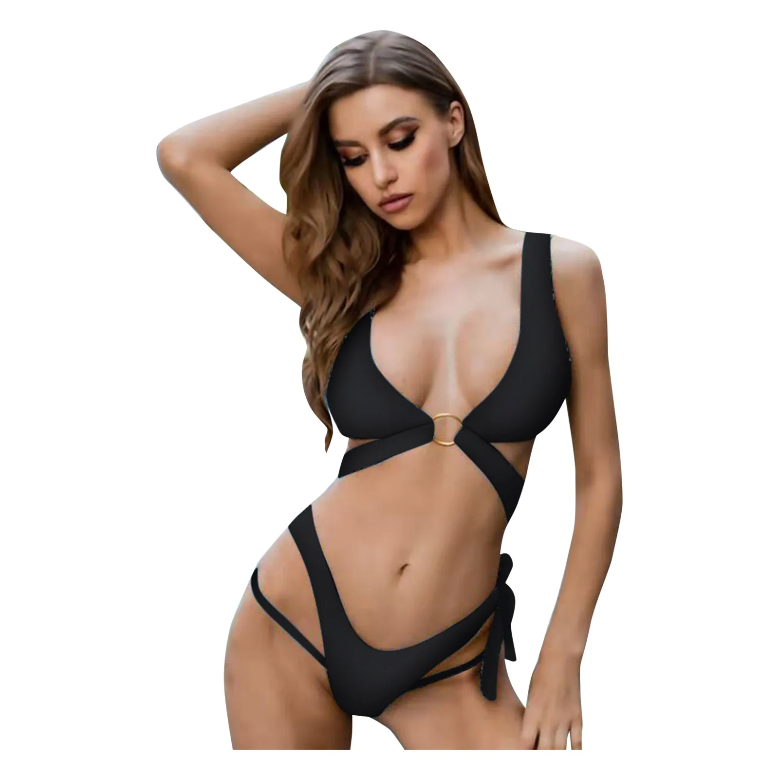 

Женские Купальники, пикантные бикини с металлическими кольцами и открытой спиной, топы с завышенной талией, бандажные бикини, однотонные ку...