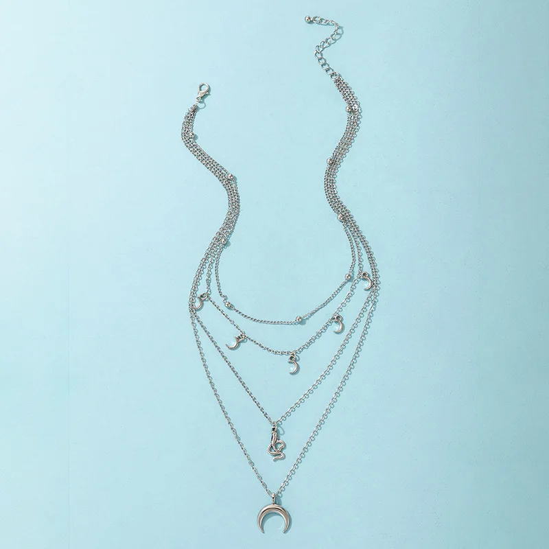 

FXCUBE Vintage Silver Punk Moon Pendant Necklace For Women Fashion New Multi-layered Snake Clavicle Chain Necklaces Goth Jewelry