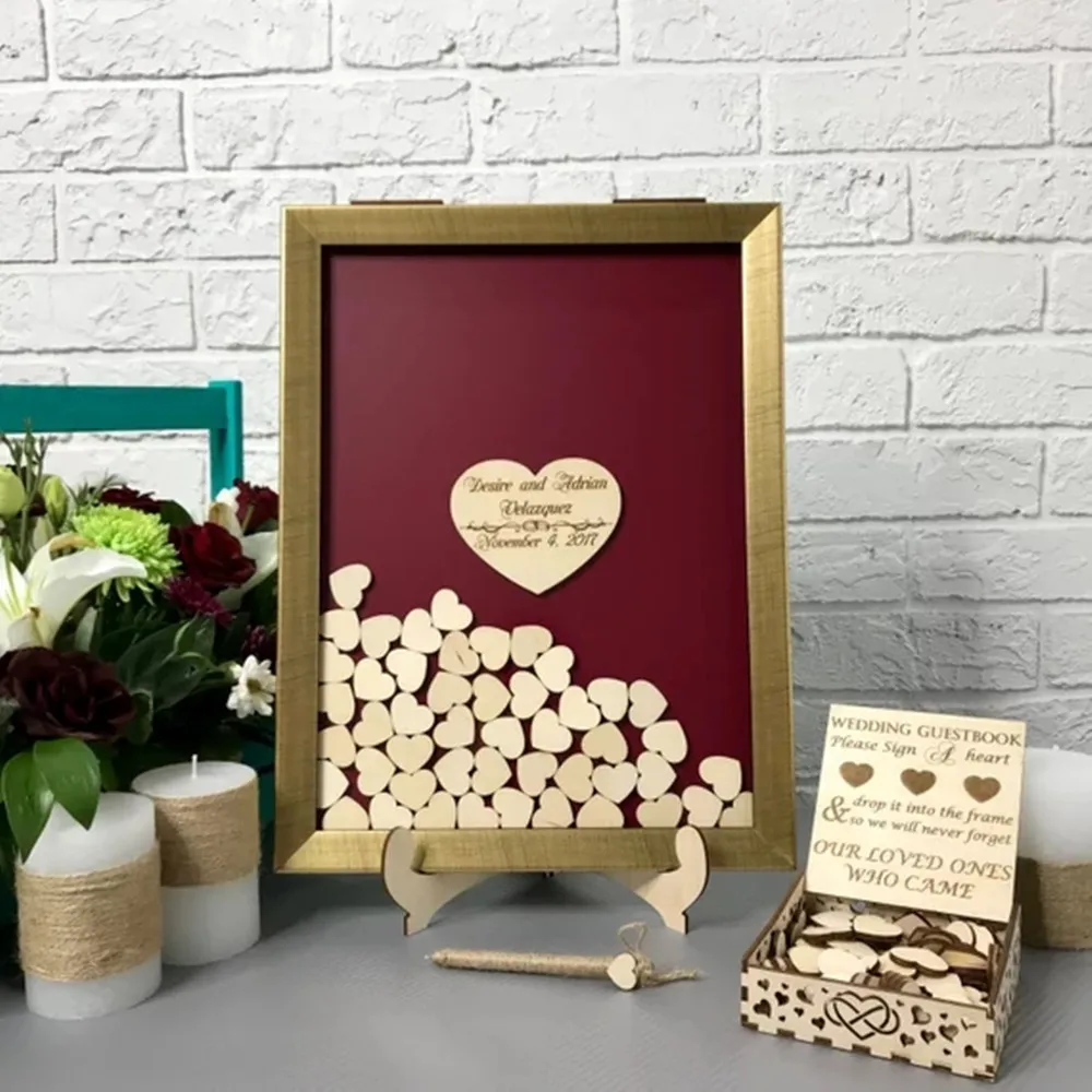 Персонализированные имена Золотая рамка деревянная свадьба Выгравированные