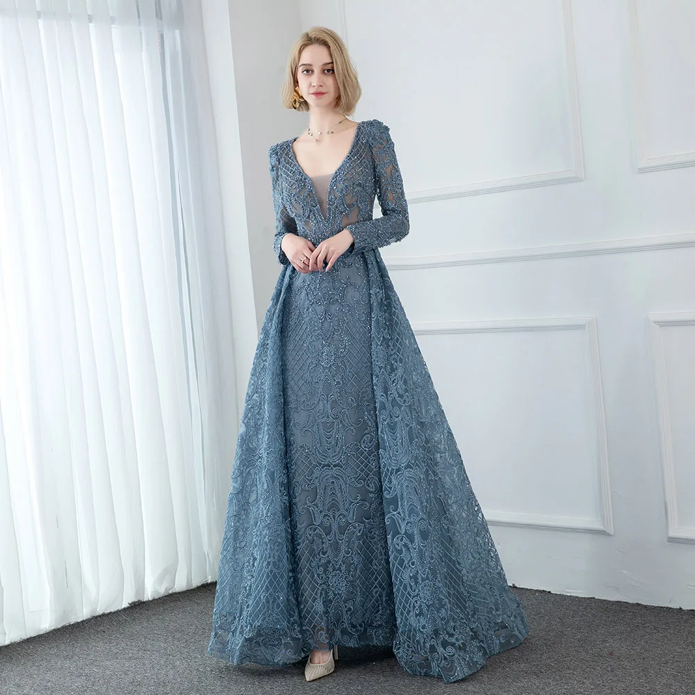 YQLNNE 2020 элегантные длинные рукава вышитые вечерние платья с V образным вырезом