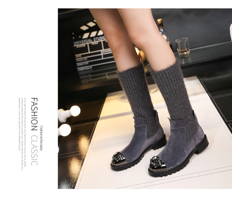 Botas Mujer; зимние вязаные сапоги; женские сапоги до середины икры; Bota Feminina; обувь со стразами; женские эластичные сапоги; Botines Mujer; коллекция года; Zapatos De Mujer