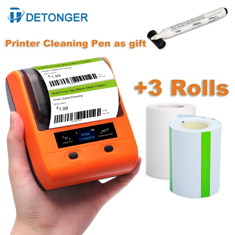 

2022 DETONGER DP80S 30-80mm Mini Portable Thermal Printer 3 Rolls Multifunctional Barcode Label Sticker Maker BT Android / iOS