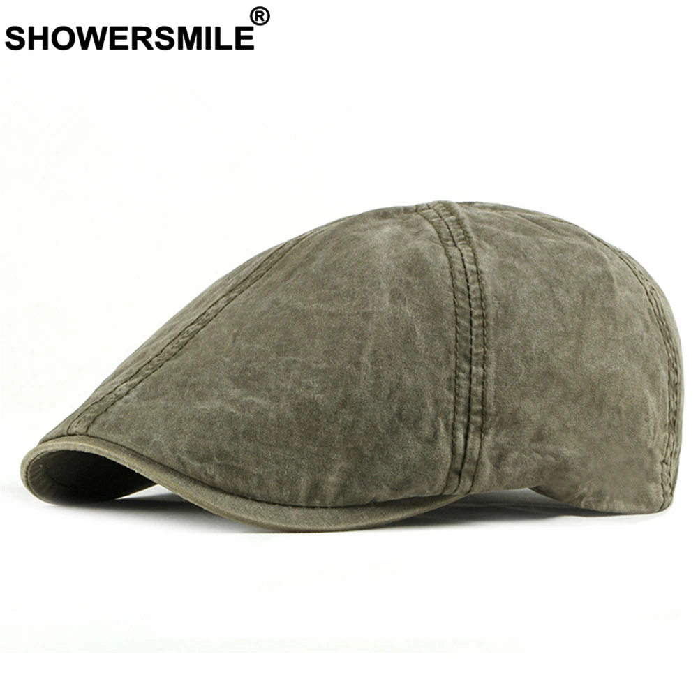 

SHOWERSMILE Newsboy Cap Cotton Mens Berets Spring Summer British Style Army Green Retro Male Flat Cap High Quality Duckbill Hat