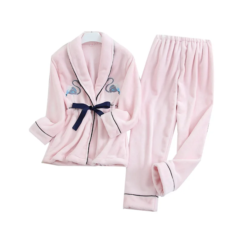 

Winter Pajamas Suit Soft Women Sleepwear Flannel Intimate Lingerie Home Clothing Cartoon Pink 2PCS Sleep Set Nightwear