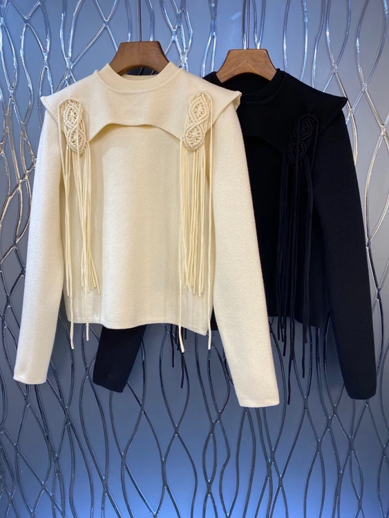 

2021 new women fashion round neck fake two-piece set stitching neckline ribbon decoration long-sleeved sweater 1022