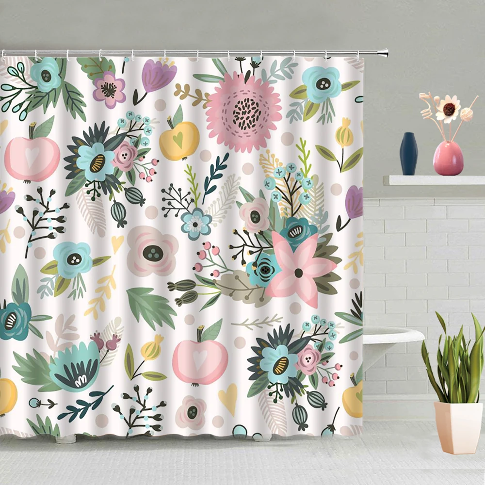 

Color Flower Shower Curtain Parrot Tropical Plant Green Leaf Coconut Tree Pineapple Watermelon Pattern Decoration With Hook Set