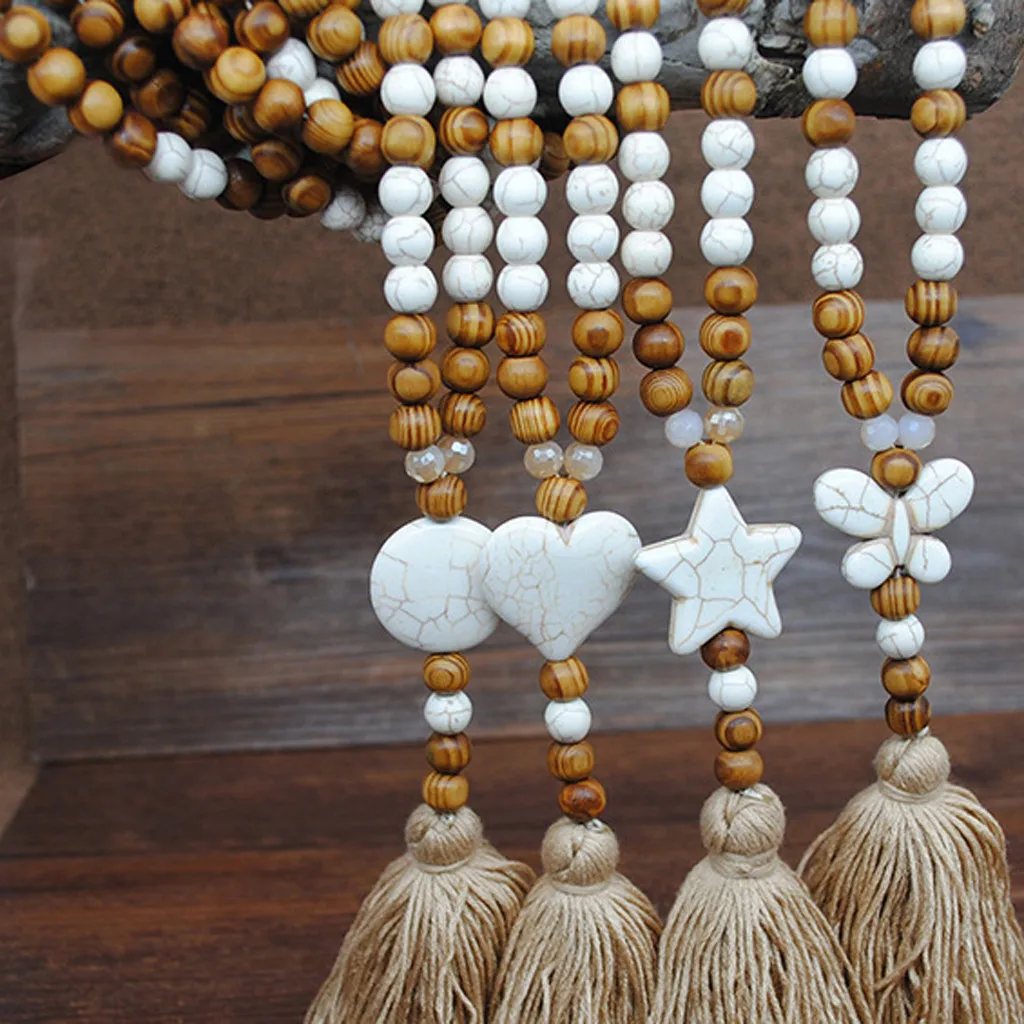 Богемное этническое винтажное ожерелье с кисточками и деревянными бусинами