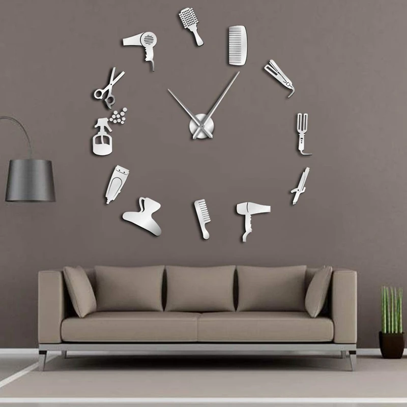 2 Pcs Diy Barber Shop Giant Wall Clock with Mirror Effect Toolkits Decorative Frameless Watch Hairdresser Wa | Дом и сад