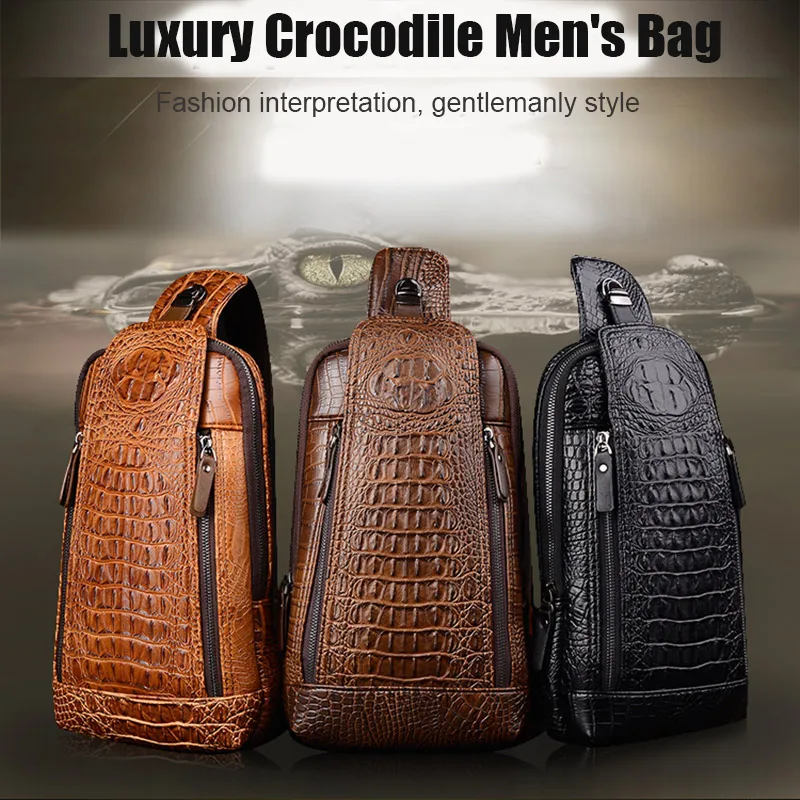 

Мужская кожаная нагрудная сумка с крокодиловым узором, сумки-слинг через плечо, с регулируемым ремешком и отверстием для наушников A66