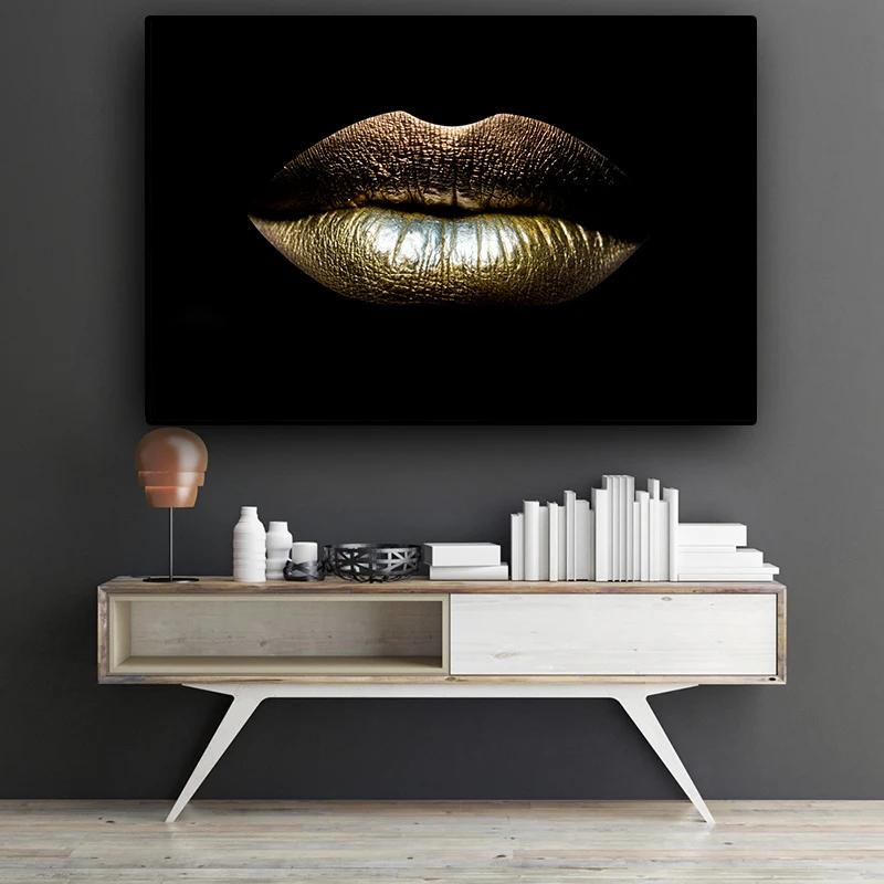 

Black and Gold Sexy Lips Canvas Art Beauty Makeup Paintings For Living Room Bedroom Posters And Prints Wall Poster Home Decor