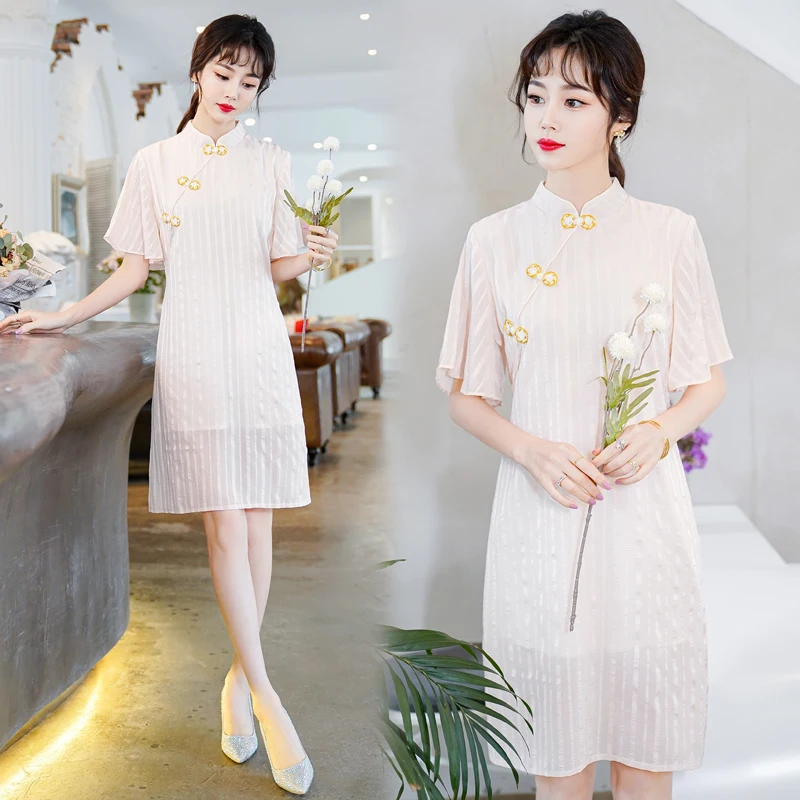 

2021 M-4XL Chiffon Vintage Short Sleeve Summer Modern Cheongsam Dresses Chinese Traditional Qipao Casual Party Women Midi Dress