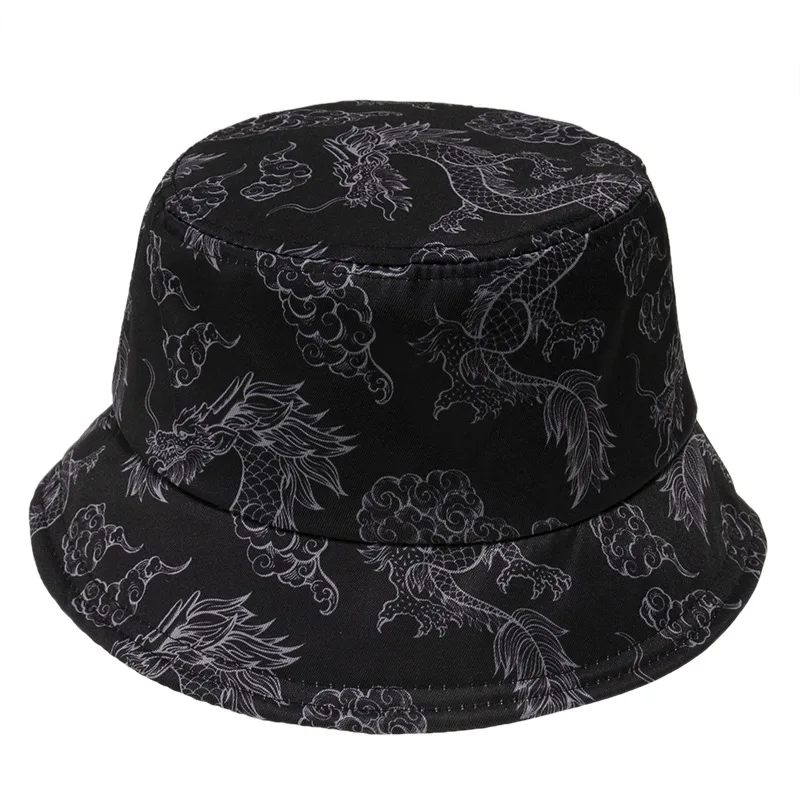 

2021 Fashion Dragon Grain Embroidery Fisherman Hat Men Black Hat Summer Travel Anime Bucket Hat Panama Sun Hat
