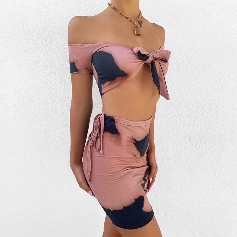 2021 Women Two Piece Sets Summer Print Skirts Sets Female Short Sleeve V Neck Crop Tops Blouse and Mini Skirt Harajuku Clothing