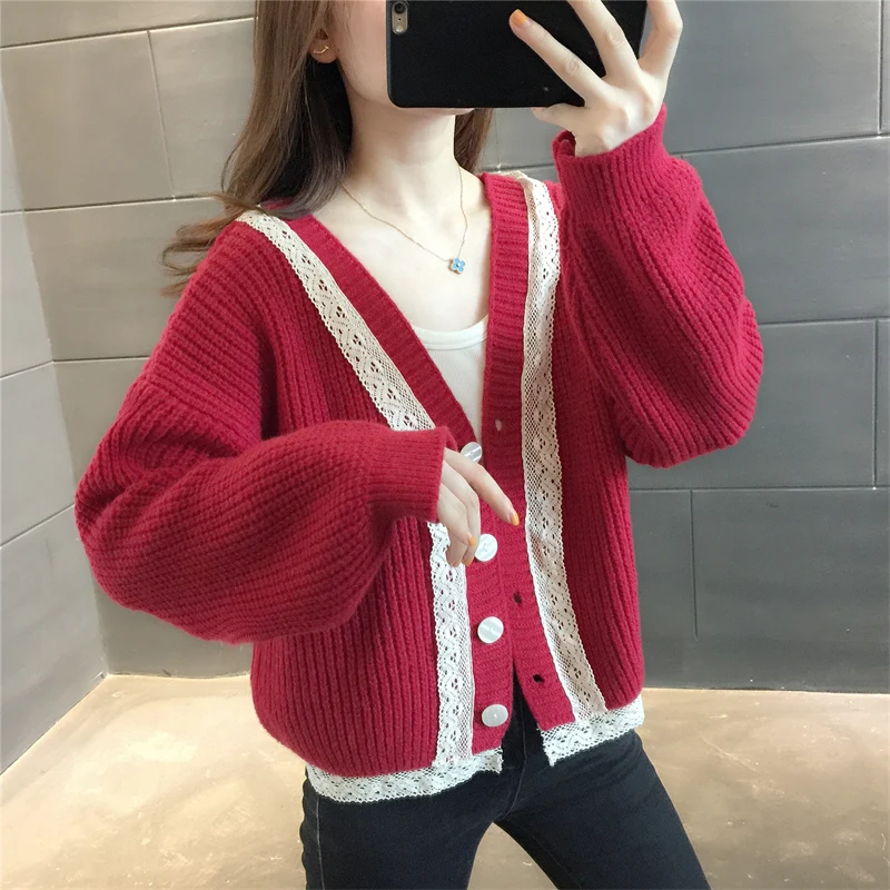 

In room 207932, 6 row 5 】 collaosed v-neck splicing lace knitting cardigan [3053] 40