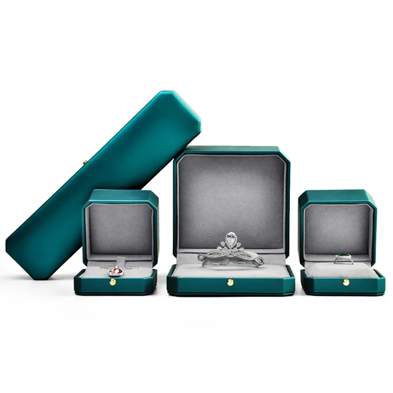 

New PU Leather Green Jewelry Box Ring Box Bracelet Box Necklace Box Octagonal Cut Edge Design Retro High-End Exquisite