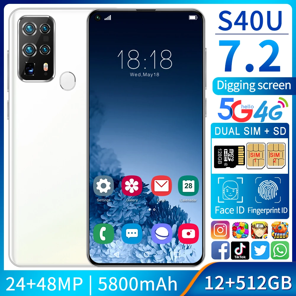 

Global Version S40U 7.2 Inch Smartphone 5800mah Android10 Dual SIM 4G 5G 24MP+48MP HD Camera Face Wake 12GB+512GB Network Phone
