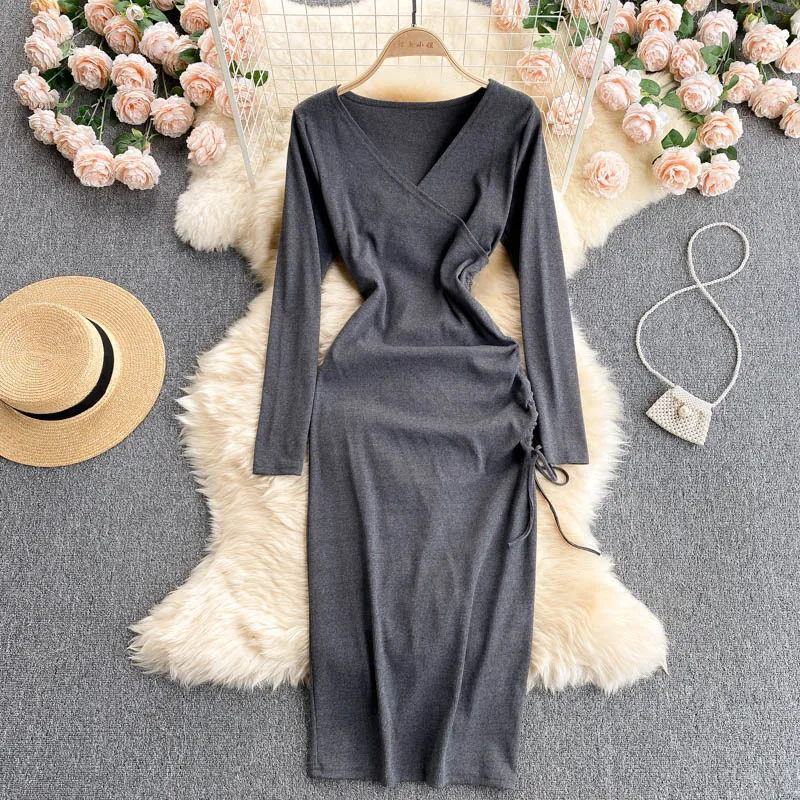 

Women's Spring Autumn Temperament Knitted Dresses Long Sleeve V-neck High Waist Slim Maxi Solid Vintage Vestido