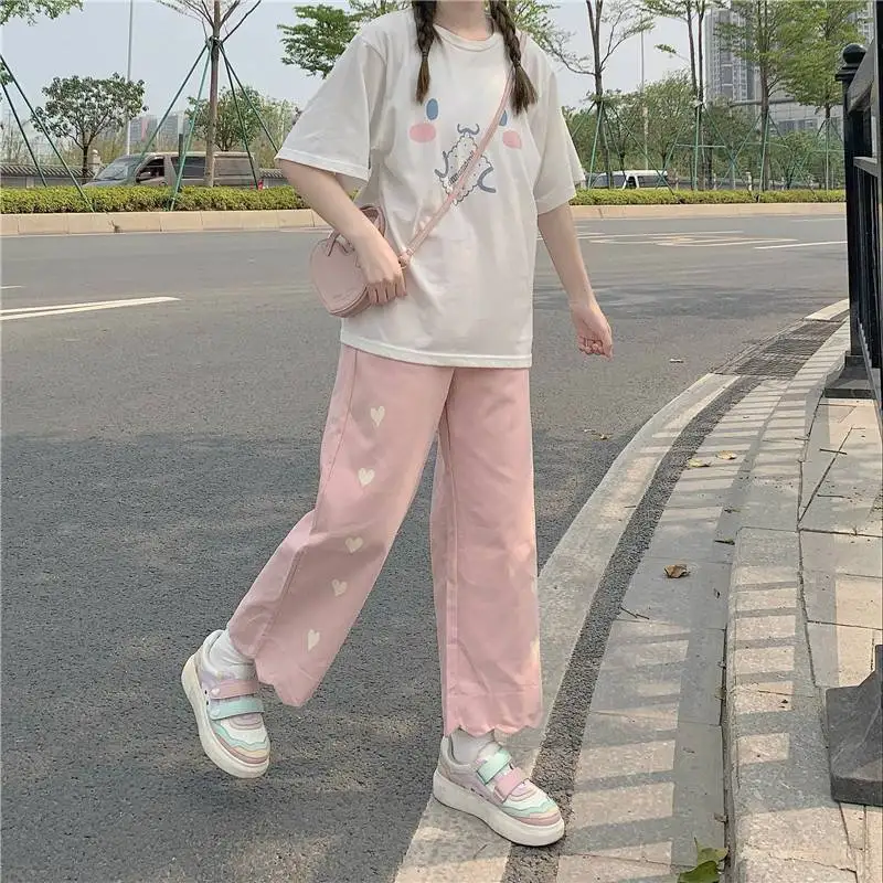 Autumn Loose Casual Cute College All-match High Street Kawaii Fashion Lovely Panta Pink Pants Women Harajuku Heart-print | Женская