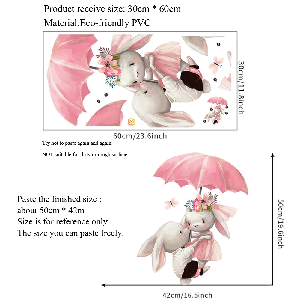 

Cartoon Couple Sticker Rabbit Umbrella Mural Removable Decal Children's Room Bedroom Home Decor Wallpaper
