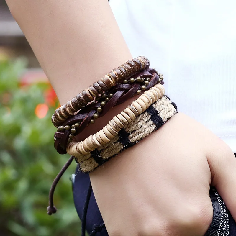 

AJC Men's retro woven cowhide fashion bracelet DIY jewelry coconut shell set gift bracelet