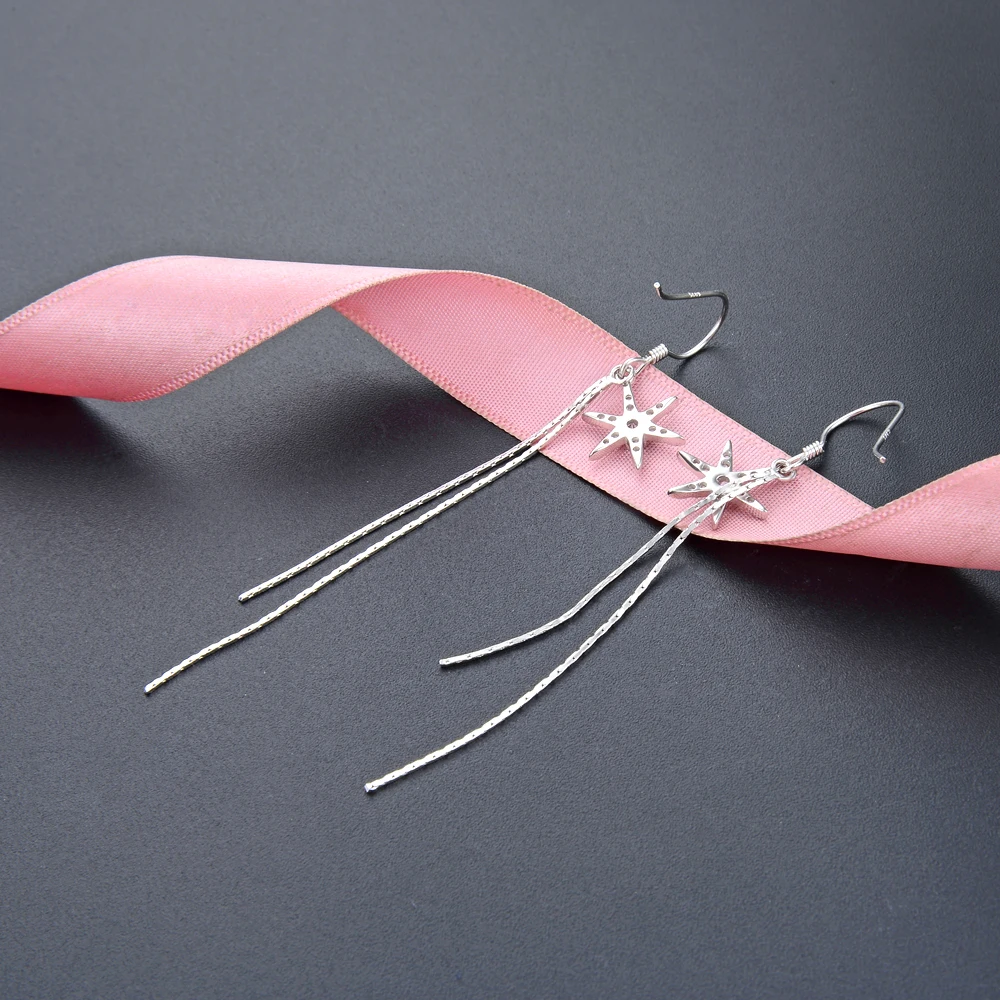 100% 925 пробы серебряные женские серьги с кристаллами и звездами длинные висячие