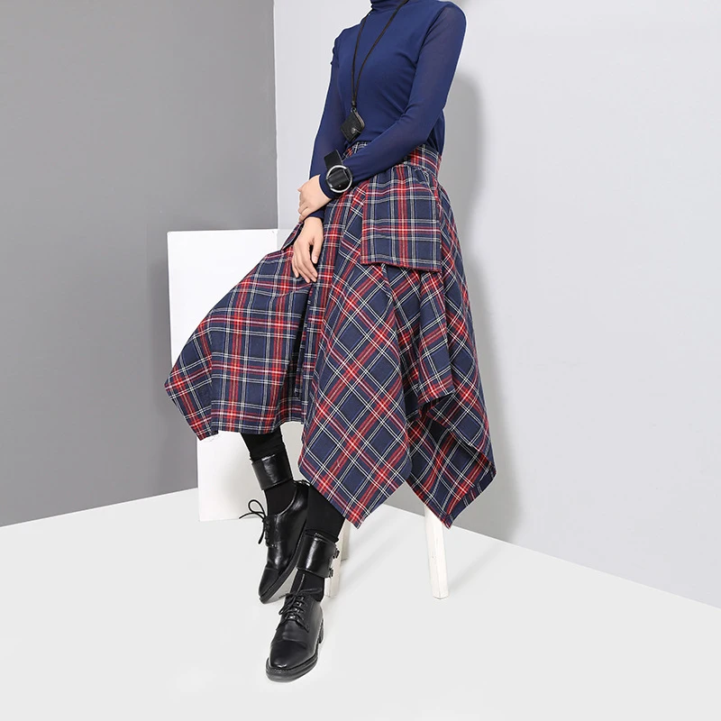 

2021 New Spring High Waist Red Plaid Split Joitn Loose Big Hem Half-body Skirt Women Fashion Tide All-match