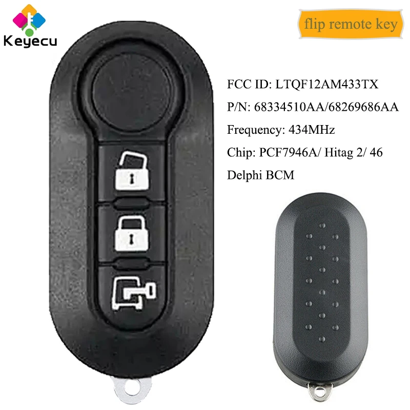 KEYECU Flip Remote Key 3 кнопки 434 МГц ID46 FOB для Fiat 500 2012 2017 Dodge Ram Promaster City 2015 2018 LTQF12AM433TX|Ключ от