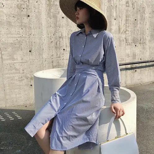 Шикарное длинное платье-рубашка с длинными рукавами в полоску 2019 весенние