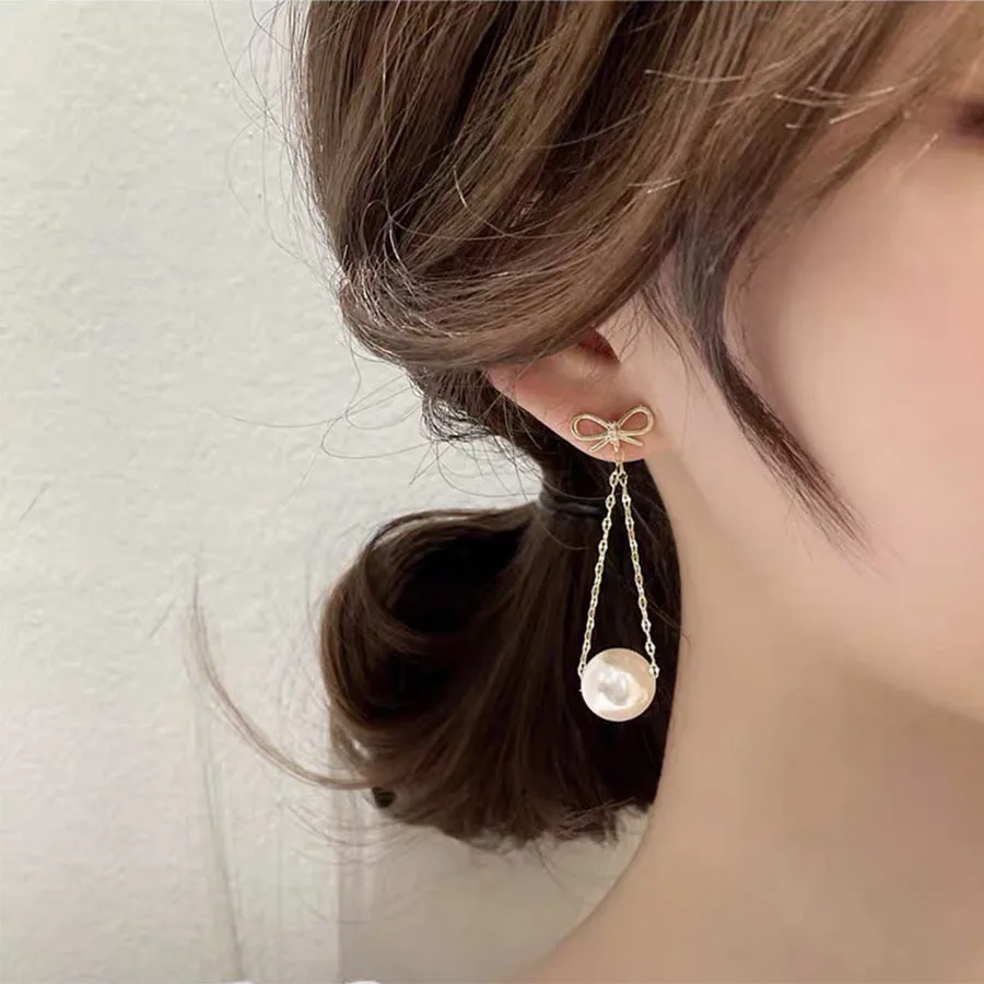 

Long Chain Pearl Dangle Earring Exquisite Temperament Micro Inlaid Cubic Zircon CZ BOW Drop Earrings Party Jewelry WholeSale