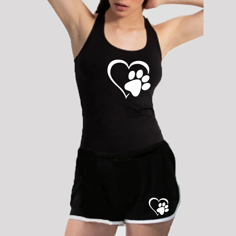 

2 Piece Set Women Tank Top Shorts Suit Sexy Sleeveless Woman Outfits Summer Black Sporting Set