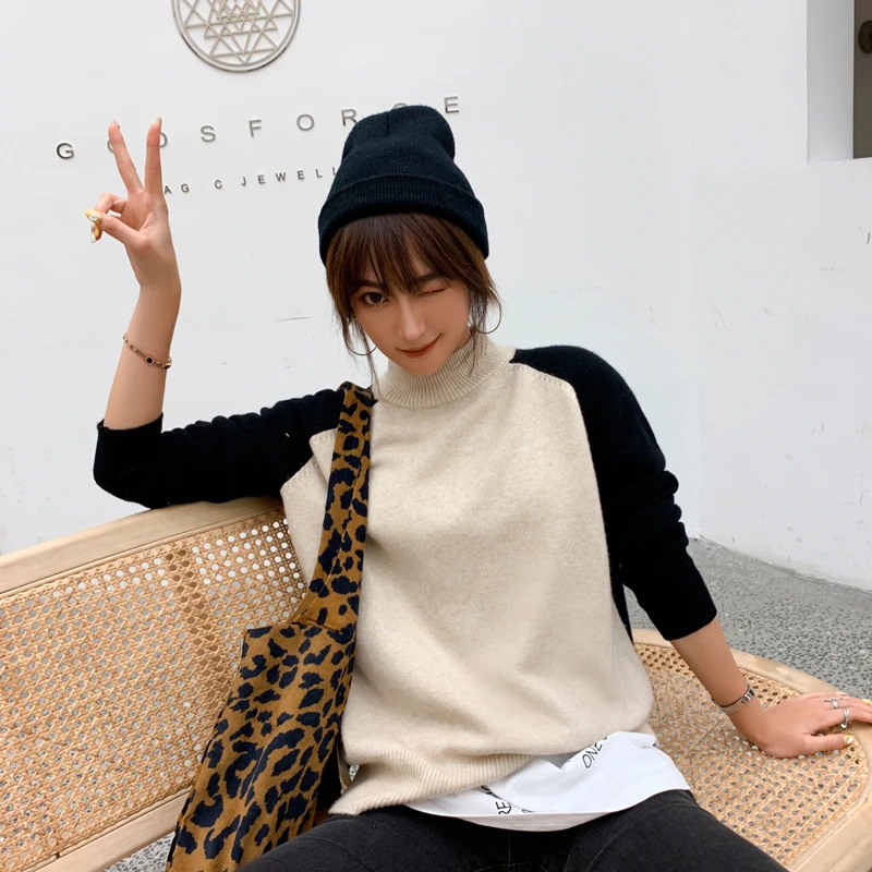 Женский кашемировый свитер теплый вязаный пуловер с длинным рукавом и высоким