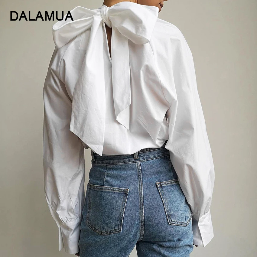 

Fashion Office Lady White Shirts Long Sleeve 2022 Spring High Street Solid Bow Women Top Stand Collar Loose Female Shirt Blouses