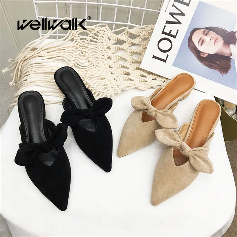 Wellwalk/тапочки на деревянном каблуке женские туфли без задника с острым носком