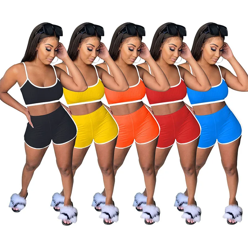 

TNNAOFF Knitted 2 Piece Tracksuits Women Set for Women Off Shoulder Tank Tops Summer Sexy Biker Shorts Lounge Wear Matching Sets