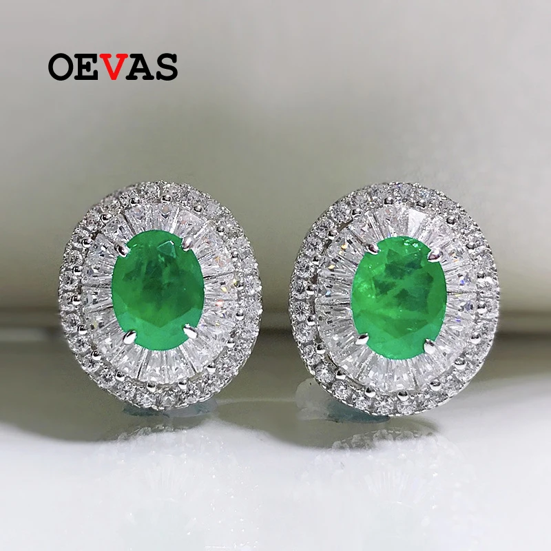 

OEVAS 100% 925 Sterling Silver Emerald High Carbon Diamond Stud Earrings For Women Sparkling Wedding Party Fine Jewelry Gift