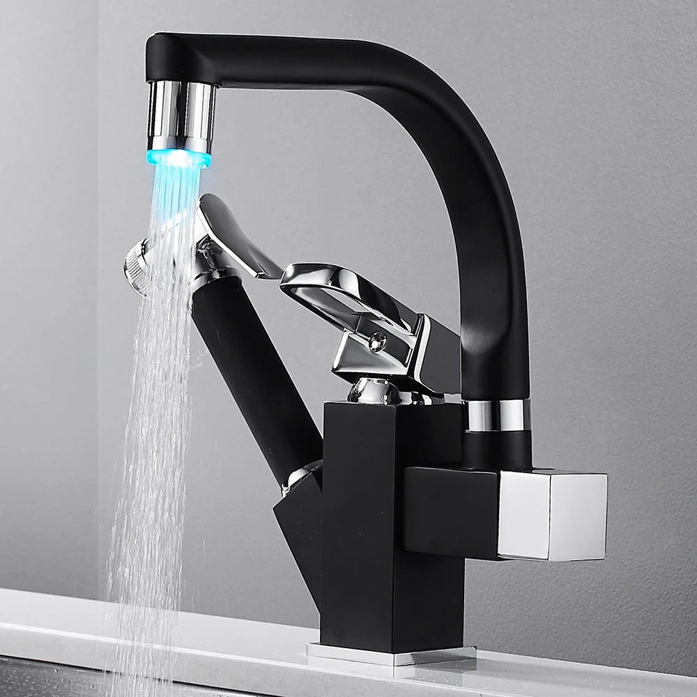 

Black LED Kitchen Faucet Multi-Function Robot Faucet With 360 Degree Rotating Spray Gun Brass Pull Double Outlet Hot Water